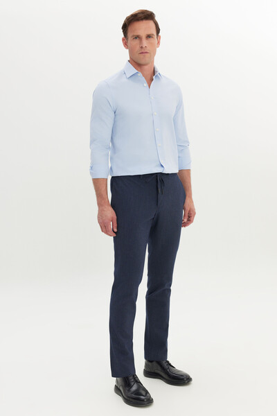 ALTINYILDIZ CLASSICS Чоловічі темно-сині вузькі штани з еластичним поясом з візерунком Seersucker