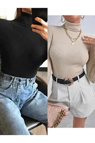 Genel Markalar Unisex 2li Hazır Paket Siyah Bej Pamuklu Balıkçı Yaka Şardonlu Slimfit Boğazlı Kazak.