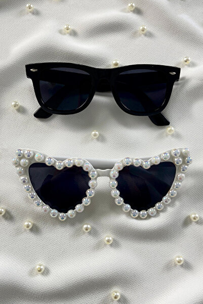 ZEYMERADE Beyaz Janjanlı İncili Kalpli Gelin Ve Damat Gözlük, İkili Bride Akım After Parti Düğün Kına Eğlence