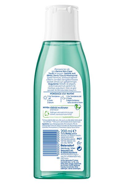NIVEA Sivilce Karşıtı Tonik Derma Skin Clear 200ml,Niasinamid,Salisilik Asit,Arındırıcı,Karma,Yağlı Cilt