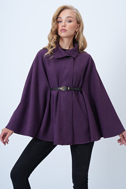 Trend Alaçatı Stili Women's Purple Belt Detailed Cashmere Cape Coat Alc-X14529