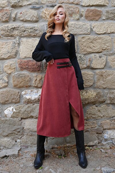 Trend Alaçatı Stili Women's Tile Leather Belt Accessory Wrap Cut Midi Length Velvet Skirt Alc-X14570