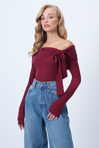 Trend Alaçatı Stili Dámská bordó pletená halenka Carmen s límečkem a vázáním na mašli ALC-X14558