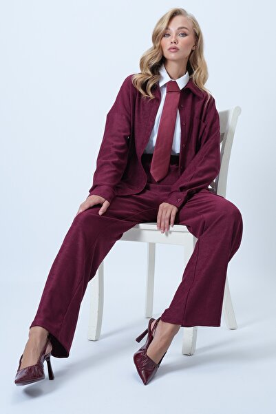 Trend Alaçatı Stili Women's Burgundy Textured Single Pocket Shirt and Pants Set Alc-X14448