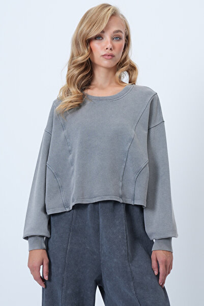 Trend Alaçatı Stili Women's Gray Crew Neck Ribbed Stitching Washable Lycra Modal Sweatshirt Alc-X14525