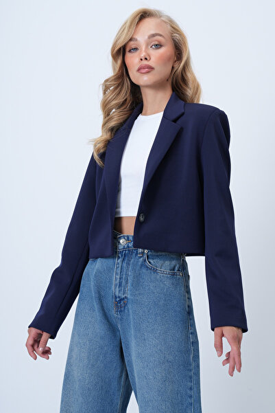 Trend Alaçatı Stili Women's Navy Blue Collar Detailed Lined Thick Crop Jacket Alc-X14592