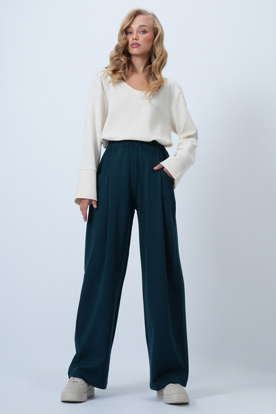 Trend Alaçatı Stili Kadın Petrol Yeşili Pile Detaylı Örme Palazzo Pantolon ALC-X14535