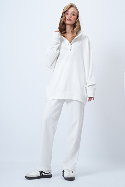 Trend Alaçatı Stili Weißes Oversize-Set aus Sweatshirt und Hose mit Kapuze – ALC-X12476