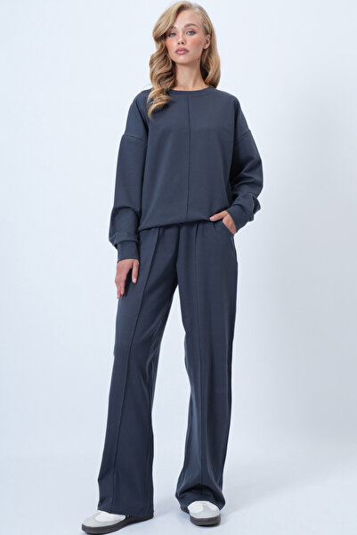 Trend Alaçatı Stili Women's Anthracite Crew Neck Ribbed Stitching Blouse and Double Pocket Green Trousers Set Alc-X14543