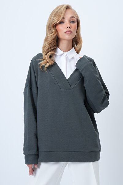 Trend Alaçatı Stili Women's Khaki V-Neck Double-Breasted Oversized Sweatshirt Alc-X14555