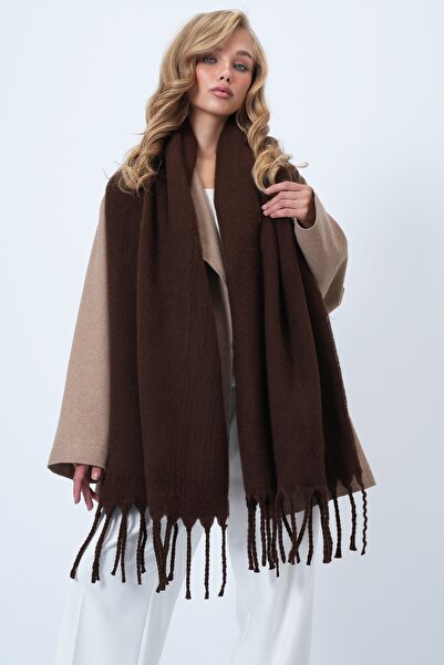 Trend Alaçatı Stili Bitterbrauner Winterschal aus Wollmischung mit Fransen für Damen ALC-X14581