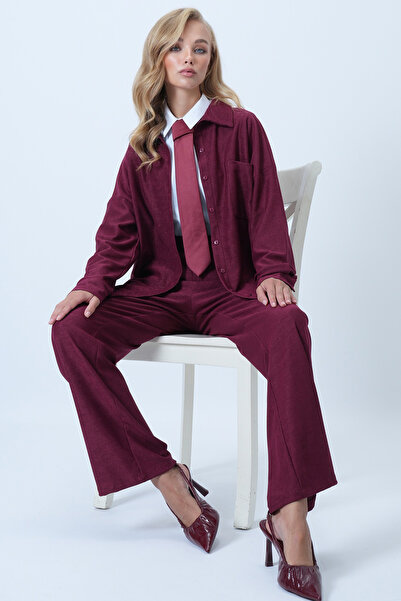 Trend Alaçatı Stili Women's Burgundy Textured Single Pocket Shirt and Pants Set Alc-X14448