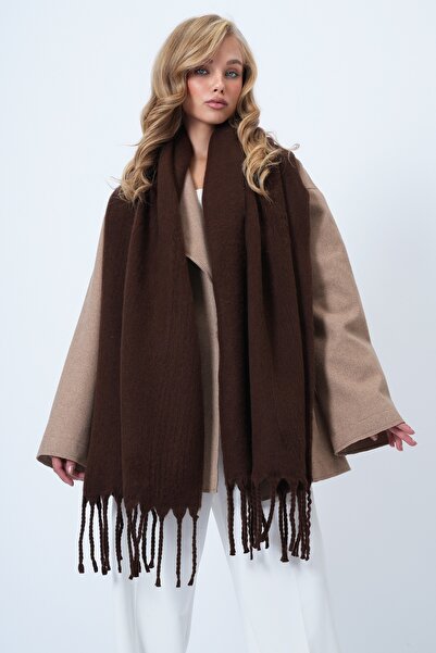Trend Alaçatı Stili Bitterbrauner Winterschal aus Wollmischung mit Fransen für Damen ALC-X14581