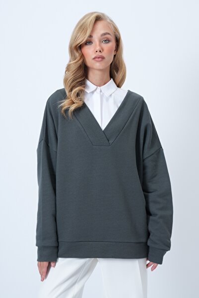 Trend Alaçatı Stili Women's Khaki V-Neck Double-Breasted Oversized Sweatshirt Alc-X14555