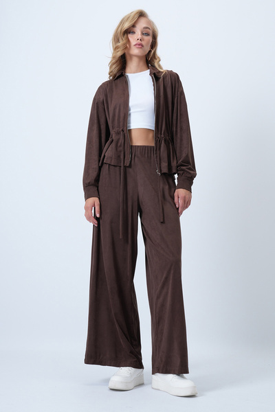 Trend Alaçatı Stili Women's Bitter Brown Faux Suede Waist-Tie Jacket and Double Pocket Pants Set Alc-X14583