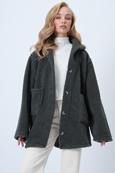 Trend Alaçatı Stili Dámská khaki plyšová bunda s dvojitými kapsami ALC-X14456