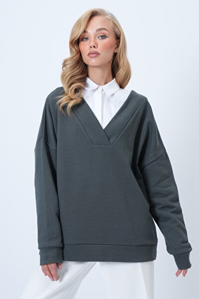 Trend Alaçatı Stili Women's Khaki V-Neck Double-Breasted Oversized Sweatshirt Alc-X14555