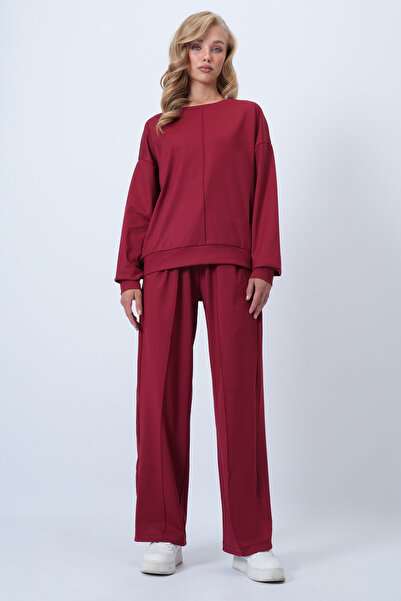 Trend Alaçatı Stili Women's Burgundy Crew Neck Ribbed Stitching Blouse and Double Pocket Green Trousers Set Alc-X14543