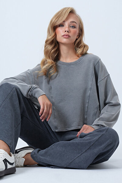 Trend Alaçatı Stili Women's Gray Crew Neck Ribbed Stitching Washable Lycra Modal Sweatshirt Alc-X14525