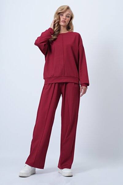 Trend Alaçatı Stili Women's Burgundy Crew Neck Ribbed Stitching Blouse and Double Pocket Green Trousers Set Alc-X14543