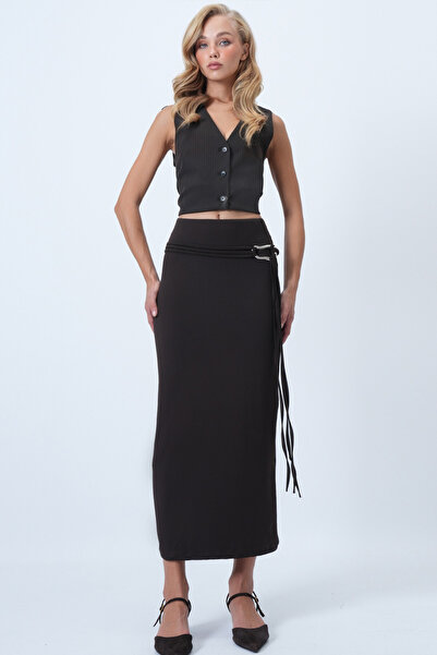 Trend Alaçatı Stili Fusta Sandy de lungime midi cu detaliu curea maro amar pentru femei ALC-X14550