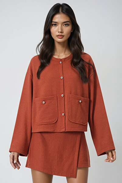 Trend Alaçatı Stili Women's Tile Pattern Double Pocket Textured Jacket and Wrap Cut Shorts Skirt Set Alc-X14548