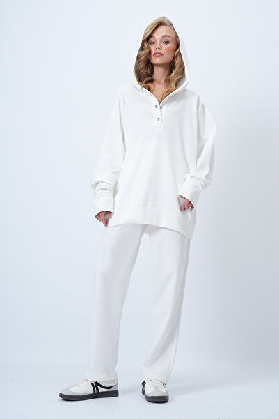 Trend Alaçatı Stili Weißes Oversize-Set aus Sweatshirt und Hose mit Kapuze – ALC-X12476