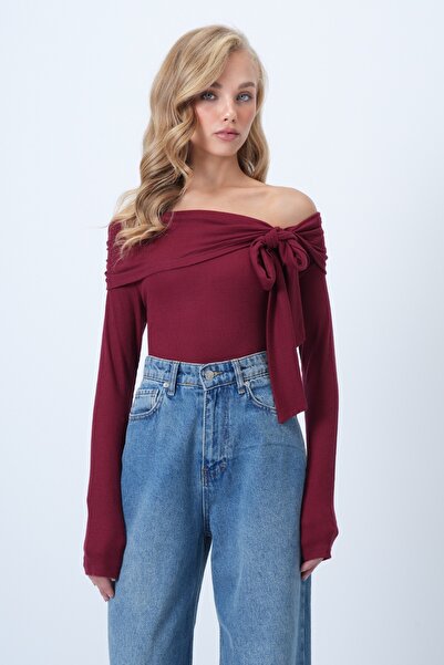 Trend Alaçatı Stili Dámská bordó pletená halenka Carmen s límečkem a vázáním na mašli ALC-X14558