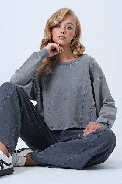 Trend Alaçatı Stili Women's Gray Crew Neck Ribbed Stitching Washable Lycra Modal Sweatshirt Alc-X14525