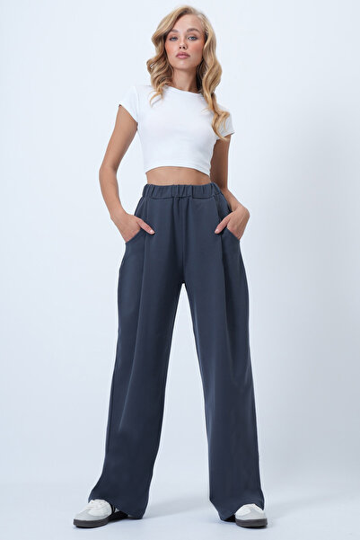 Trend Alaçatı Stili Kadın Antrasit Pile Detaylı Örme Palazzo Pantolon ALC-X14535