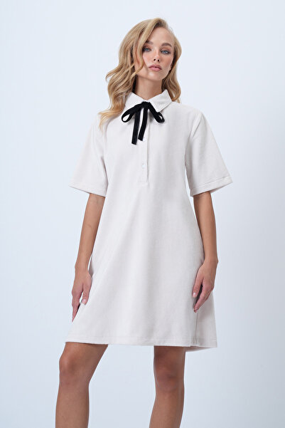 Trend Alaçatı Stili Women's Ecru Polo Neck Half Placket Buttoned Textured Velvet Mini Dress Alc-X14536