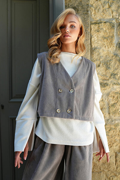Trend Alaçatı Stili Women's Gray Double Breasted Collar Metal Button Velvet Vest Alc-X14568
