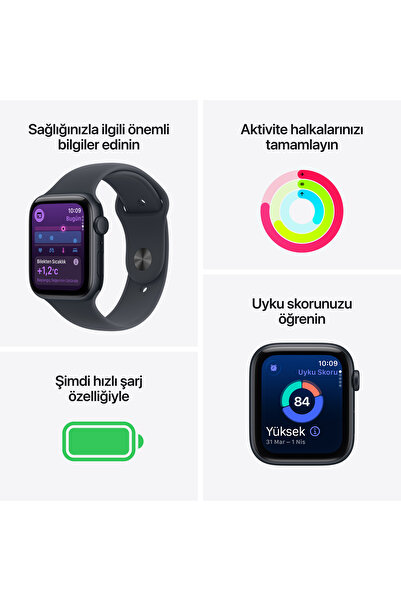 Apple Watch SE 3 GPS, 44mm Gece Yarısı Alüminyum Kasa ve Gece Yarısı Spor Kordon - M/L