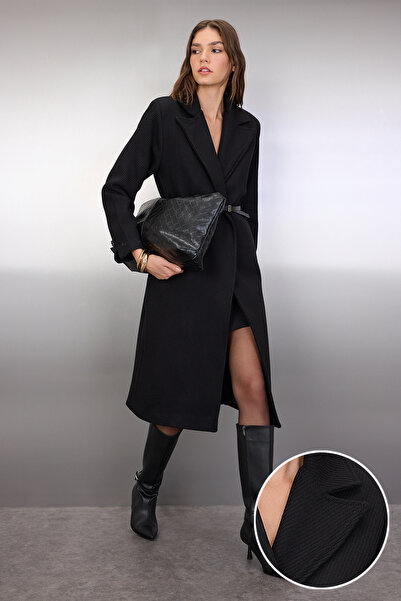 Trendyol Collection Black Leather Belt Diagonal Pattern Mono Closure Regular Midi Cashmere Coat Twoaw26Kb00056
