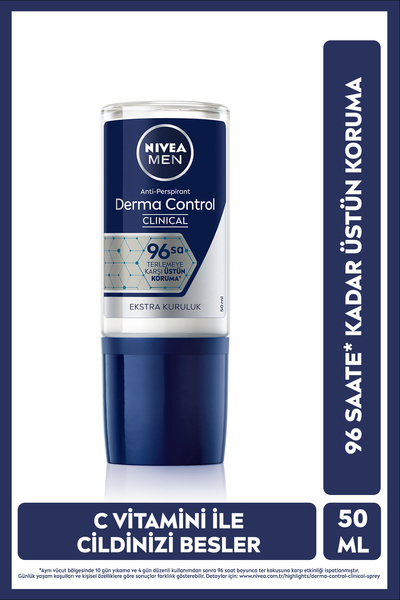 NIVEA MEN Erkek Roll on Deodorant Derma Control Clinical 50 ml,96 Saat Koruma,C Vitamini,Kararma Karşıtı