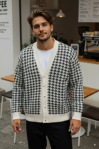 Trendyol Collection Beige V-Neck Oversize Houndstooth Cardigan - TMNAW22HI0080