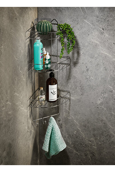 Sas Haus Ανοξείδωτο αυτοκόλλητο χρώμιο Οργανωτής γωνιακού μπάνιου, θήκη για σαμπουάν, ράφι ντους 3 επιπέδων - 4 γάντζοι