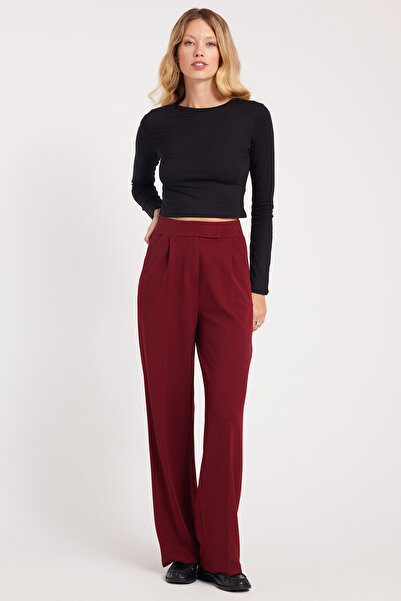 Tudors Kadın Regular Fit Klasik Kesim Cırt Kapamalı Geniş Paça Bordo Pantolon