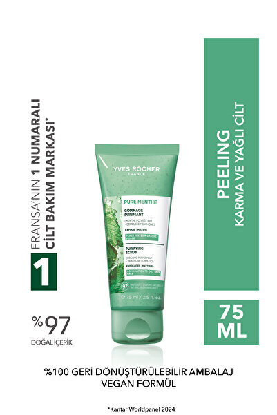 Yves Rocher Yüz Peelingi-Karma,Yağlı, Sivilce Eğilimli Cilt-Pure Menthe Arındırıcı Botanik Kompleks 75ml