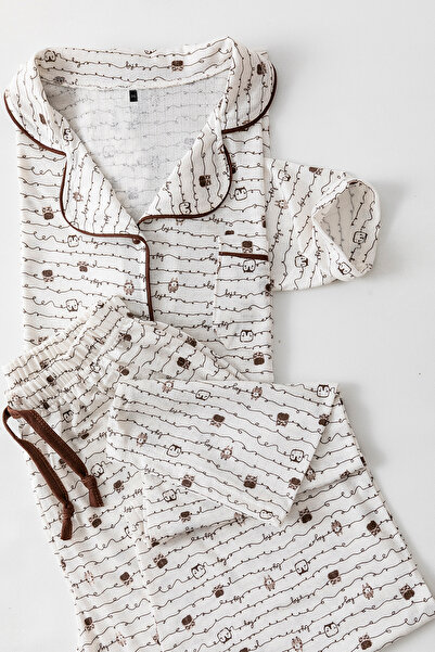 Trendyol Curve Σετ πιτζάμες με πλεκτό γιακά πουκάμισου με μοτίβο καφέ κουκουβάγιας TBBAW26AI00039