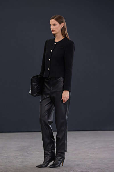 Trendyol Collection Trendyol Studio Black Woven Tweed Jacket with Silver Accessories Twoaw26Ce00079