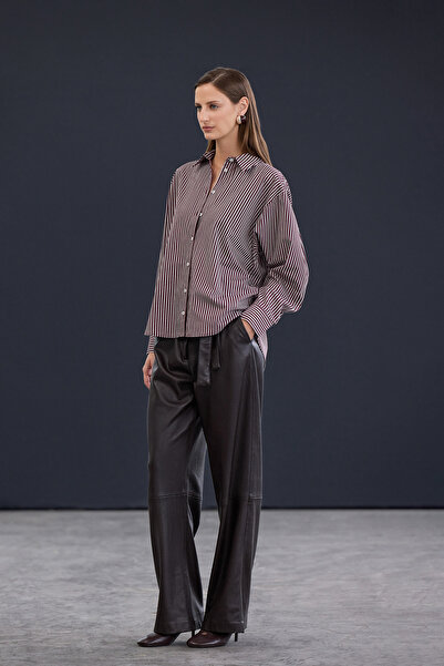 Trendyol Collection Trendyol Studio Burgundy-Multicolored Striped Oversize Cotton Poplin Shirt Twoaw26Go00107