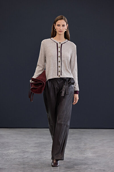 Trendyol Collection Trendyol Studio Gray Wool Piping Detailed Knitwear Cardigan Twoaw26Hi00269