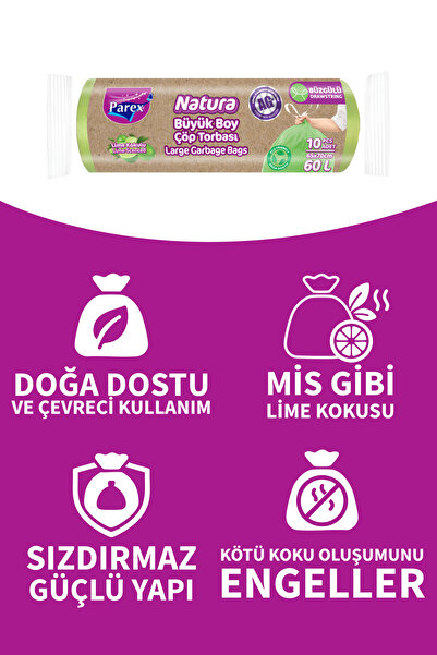 Parex Natura Büzgülü Çöp Torbası Büyük Boy 10'lu 65 x 70 cm