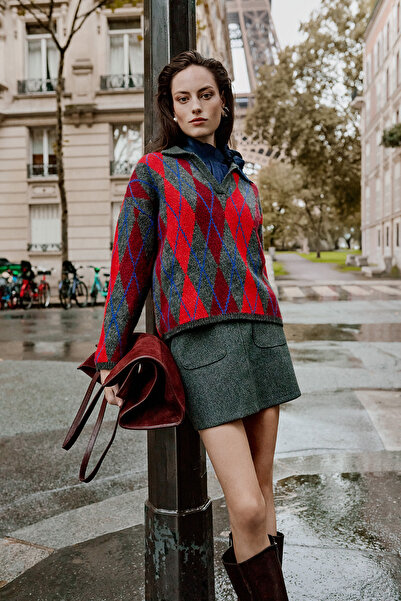 Trendyol Collection Anthracite Argyle/Plaid Patterned Polo Neck Knitwear Sweater Twoaw26Kz00231