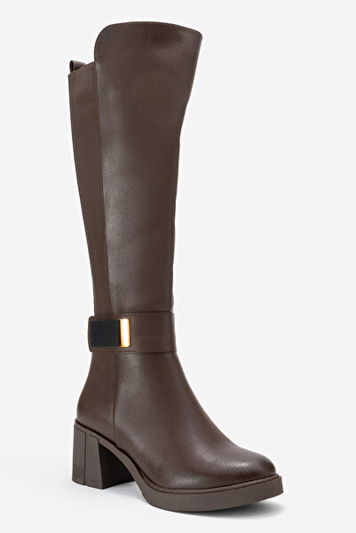 LuviShoes Dámské kozačky na silném podpatku Moreni̇ Brown Leather Stretch s podrobnou přezkou