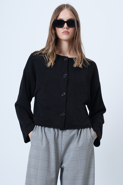 Trend Alaçatı Stili Kadın Siyah Dikiş Detaylı Dokulu Örme Ceket ALC-X14656