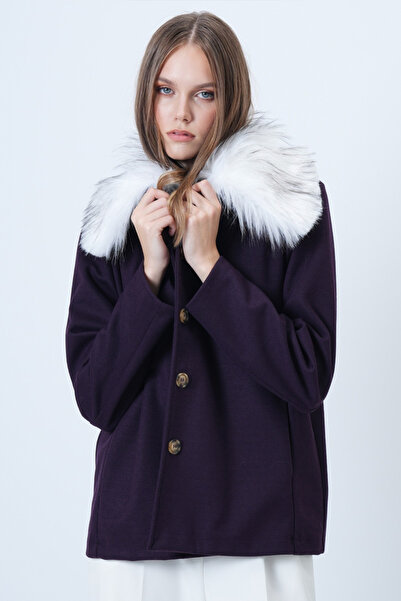 Trend Alaçatı Stili Women's Plum-Colored Detachable Faux Fur Cashmere Jacket with Hidden Pockets Alc-X14635