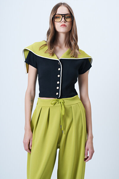 Trend Alaçatı Stili Women's Navy Blue Green Collar Design Buttoned Front Crop Combined Blouse Alc-X14654