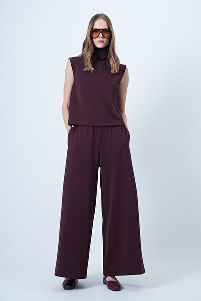 Trend Alaçatı Stili Women's Plum Turtleneck Sleeveless Blouse and Wide Leg Pants Set Alc-X14663